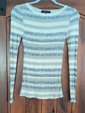BCBGMaxAzria Cream and Light Blue Striped Long Sleeve Tee